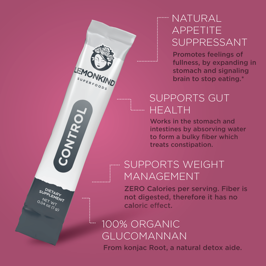 Lemonkind Control is an 100% organic Glucomannan natural appetite suppressant that supports gut health, weight management.