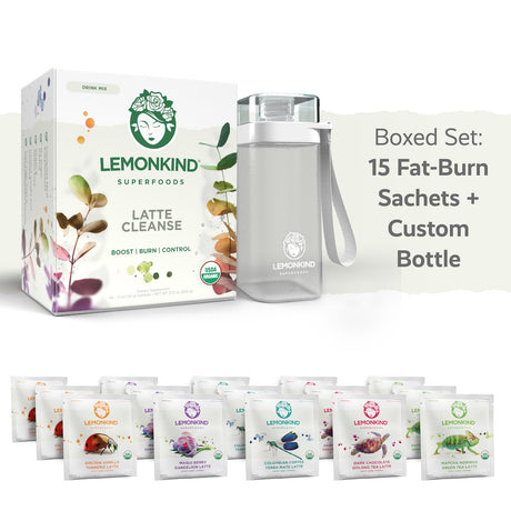 3 Day FAT-BURN Cleanse - 5 Superblend Latte Flavors with Rice Milk & Pea Protein (15 Pack+Bottle)