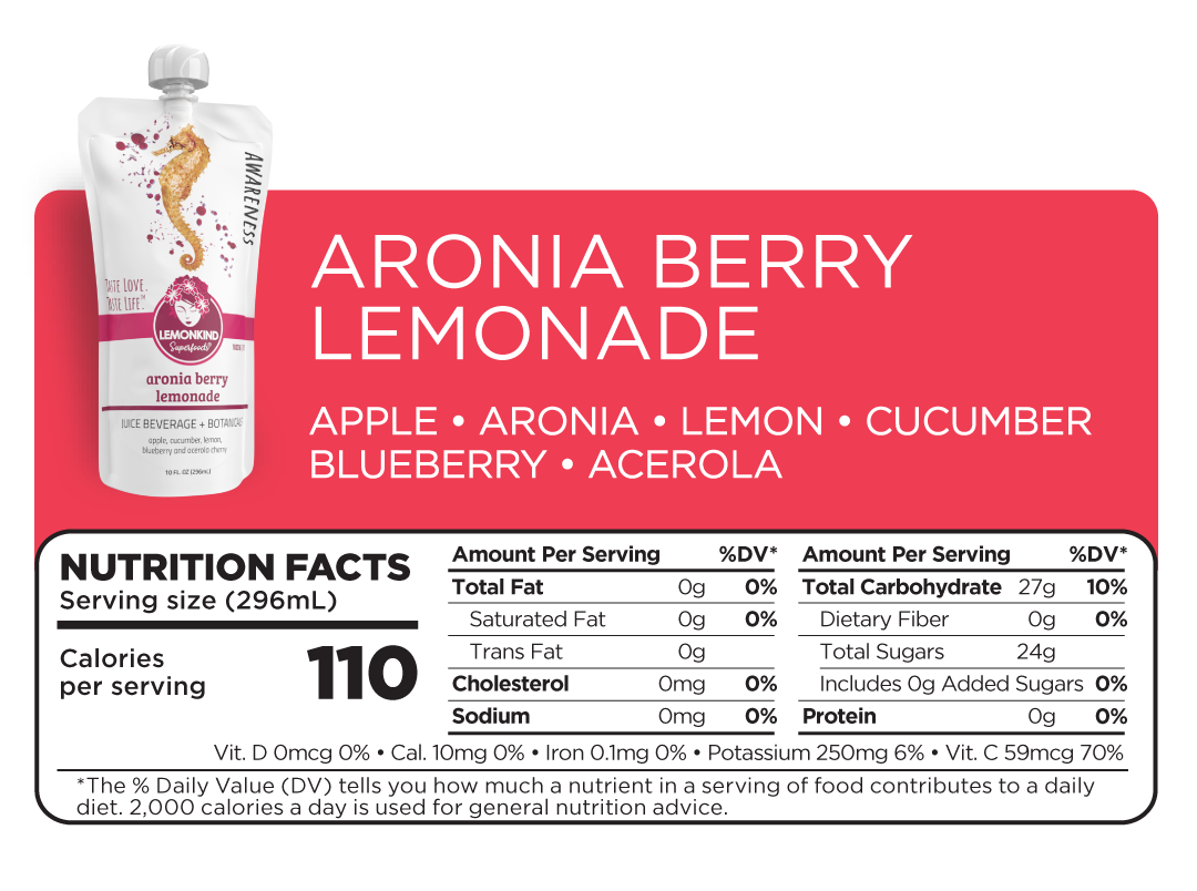 Lemonkind nutrient-rich and delicious Aronia Berry Lemonade. Only 110 calories per serving