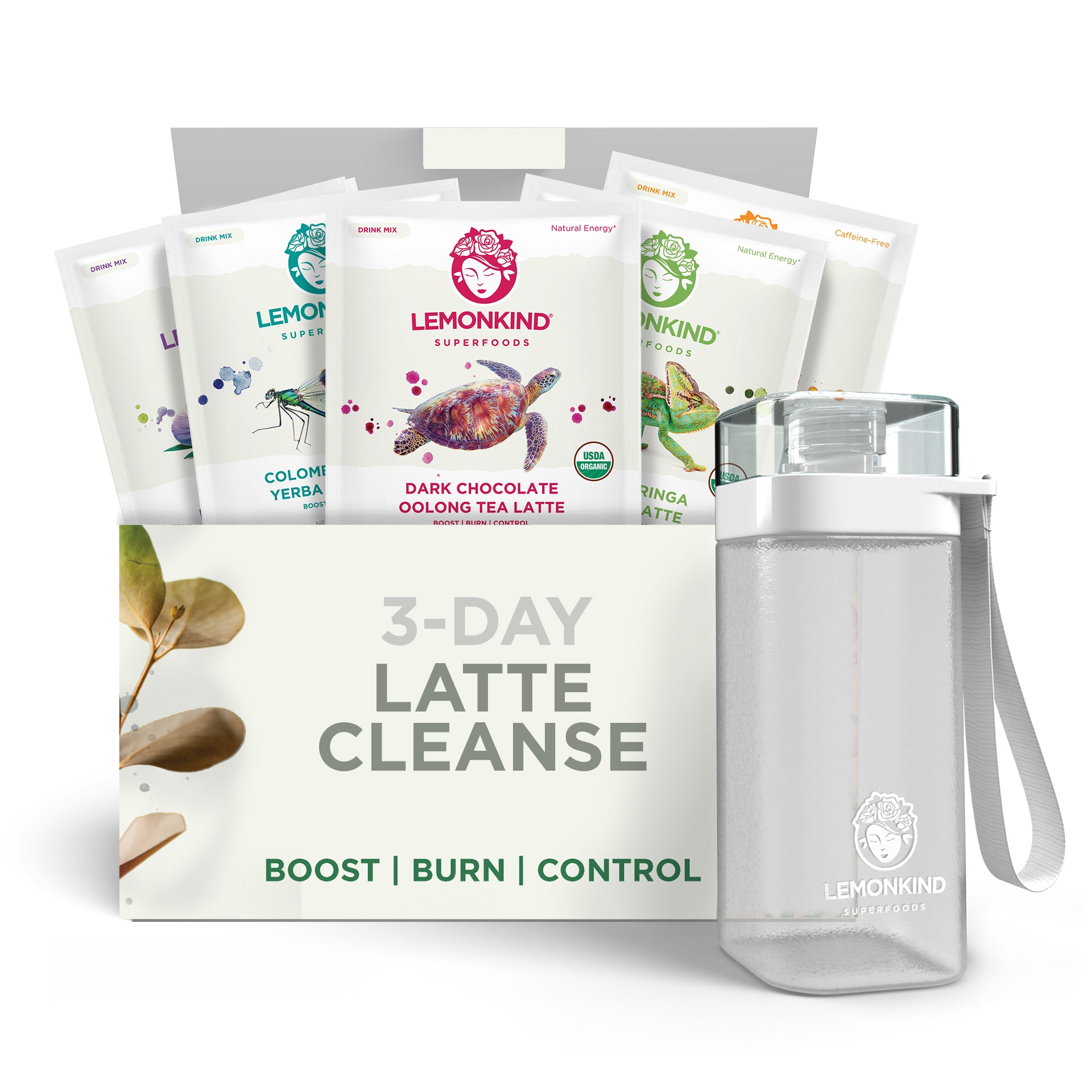 3 Day FAT-BURN Cleanse - 5 Superblend Latte Flavors with Rice Milk & Pea Protein (15 Pack+Bottle)